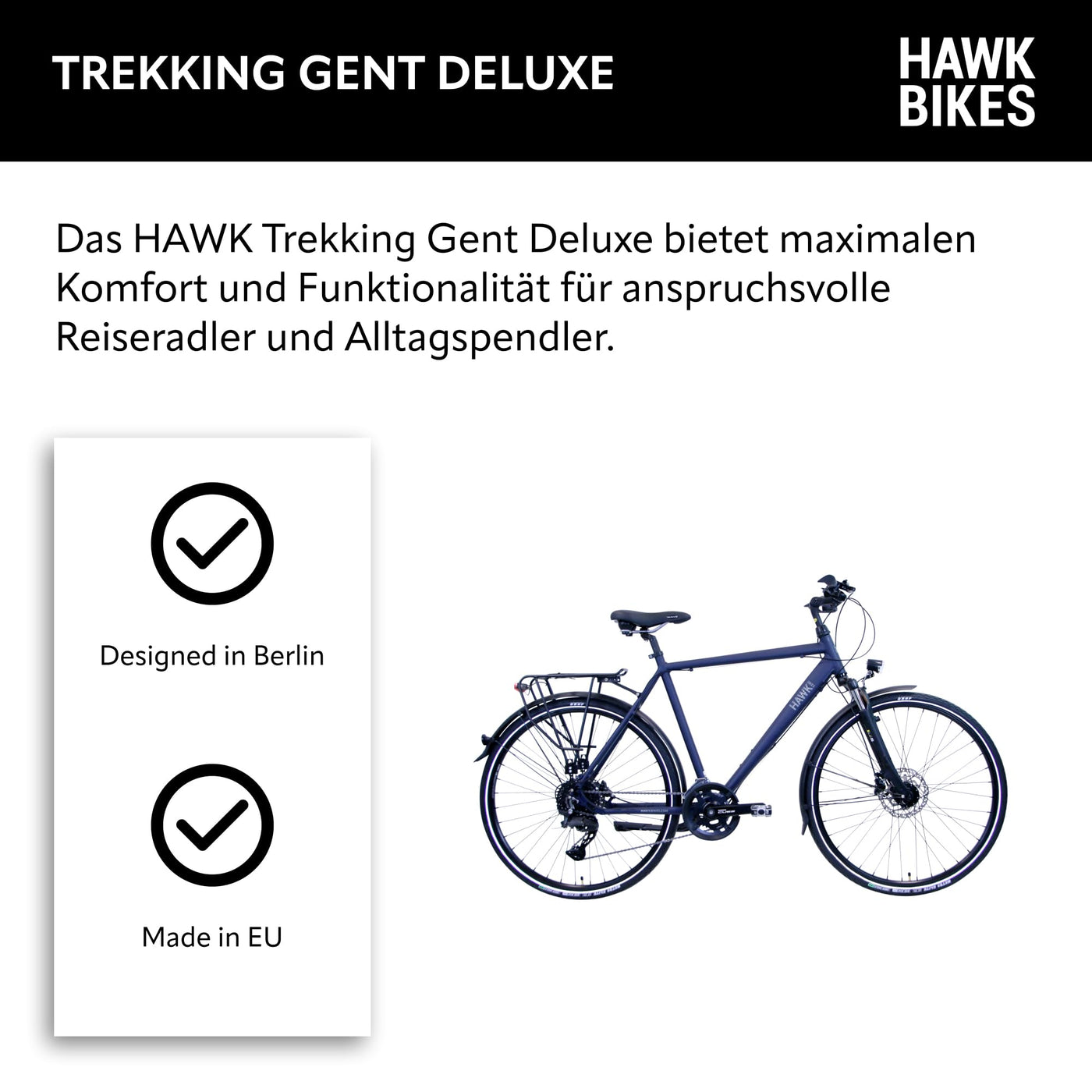 HAWK Trekking Gent Deluxe Fahrrad Herren 57cm Rahmenhöhe I Bike mit CUES Kettenschaltung & Beleuchtung I Allrounder I Ozeanblau