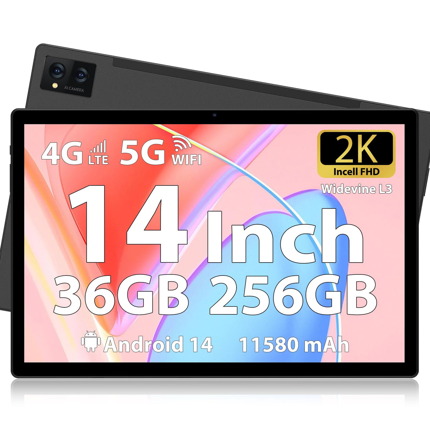 FORUSER Tablet 14 Zoll Android 14 mit Incell 2K Tablets, 36(12+24) GB RAM +256GB ROM (2TB TF), 11580mAh Akku, Octa-Core, 4G Dual SIM/5G WiFi/GPS,mit Stift und Hülle(Schwarz)