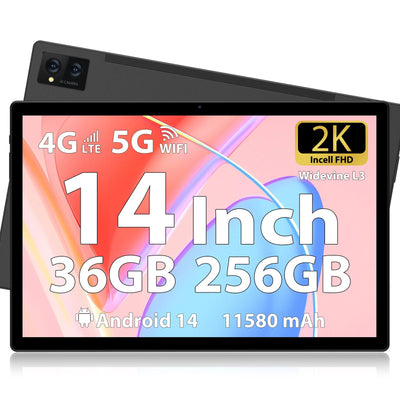 FORUSER Tablet 14 Zoll Android 14 mit Incell 2K Tablets, 36(12+24) GB RAM +256GB ROM (2TB TF), 11580mAh Akku, Octa-Core, 4G Dual SIM/5G WiFi/GPS,mit Stift und Hülle(Schwarz)