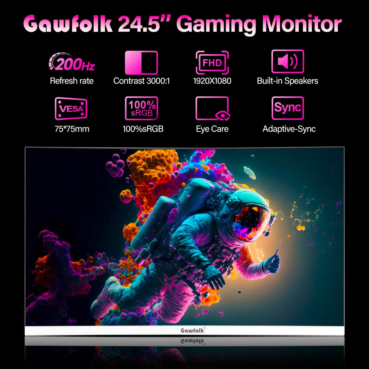 Gawfolk 24,5 Zoll Gaming Monitor mit Lautsprechern, 200 Hz PC Bildschirm FHD 1080P Rahmenlose Computermonitore, DisplayPort, HDMI, Augenpflege