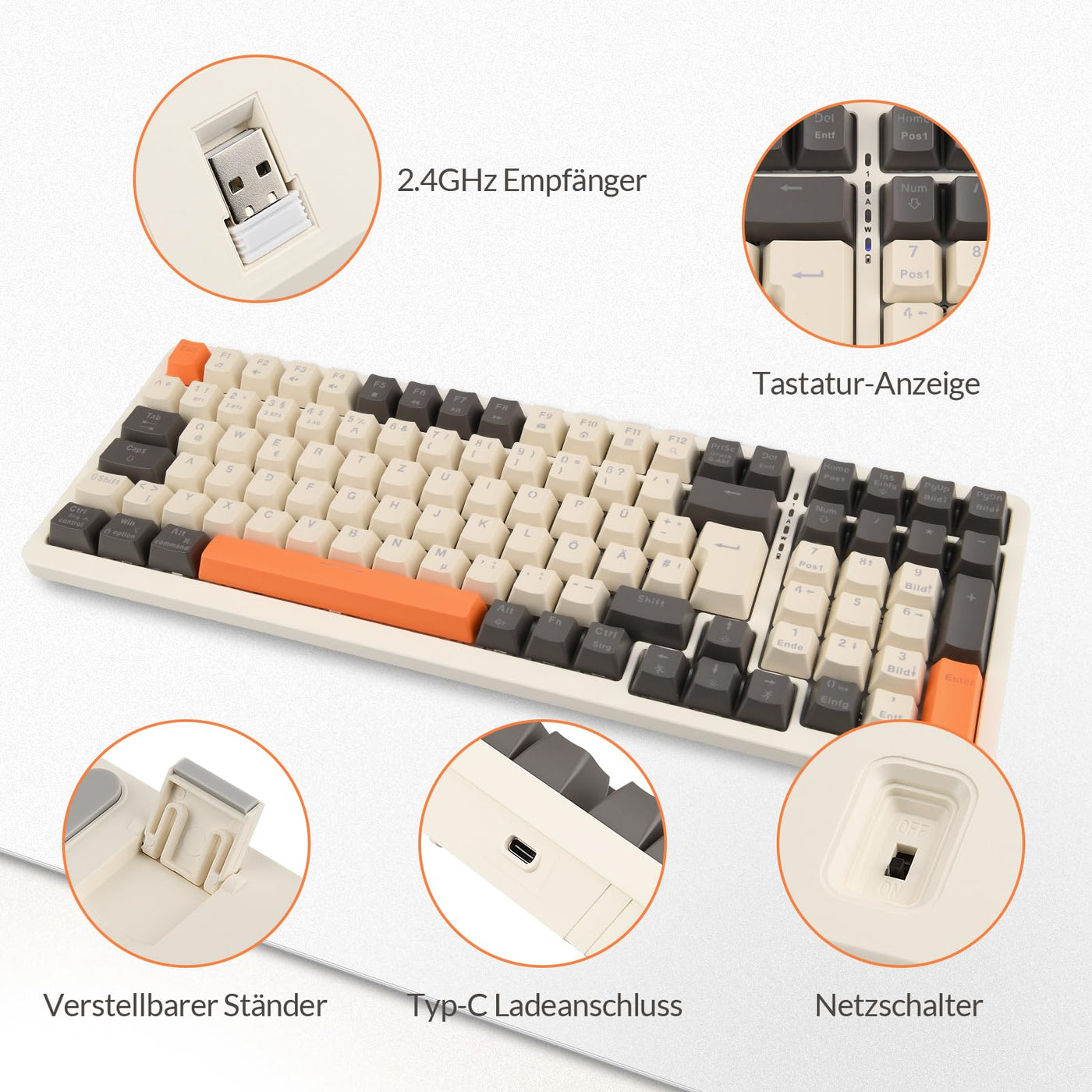 Rii Mechanische Tastatur Kabellos, Gaming Tastatur Bluetooth, Tri-Modi Gaming Tastatur 75 Prozent mit QWERTZ, 20 Arten von Regenbogen-LED-Hintergrundbeleuchtungen (BT5.0 + 2.4GHz + Kabel)