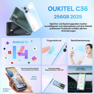 OUKITEL C36 Smartphone Ohne Vertrag 24GB+256GB/1TB,Android 14 4G Handy Günstig Octa Core,6,56 Zoll 90Hz Display,5150mAh Akku,13MP Panorama Kamera,Dual SIM Simlockfreie Handys,Fingerabdruck-Schwarz