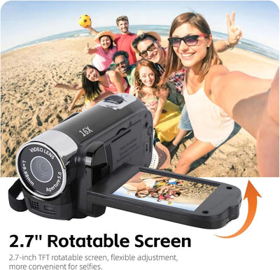 Yosoo Health Gear Videokamera Camcorder, 4K 48 MP DV Handkamera, 2,7-Zoll TFT drehbarer Bildschirm, 16 facher Digitalzoom Videokamera mit USB Kabel, Kompakter Camcorder (Black)