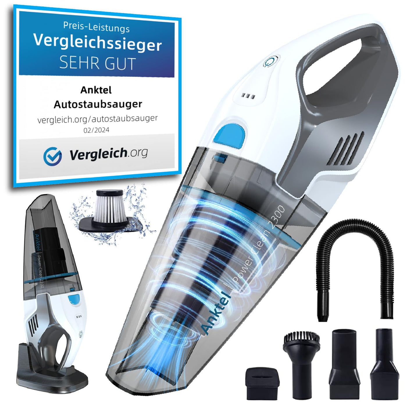 Anktel Handstaubsauger Testsieger 14,8V 9700Pa mit Ladestation Handstaubsauger Akku Beutellos Nass&Trocken mit Waschbar HEPA-Filter Handsauger Kabellos Staubsauger per Auto, Haus -PowerClean2300-
