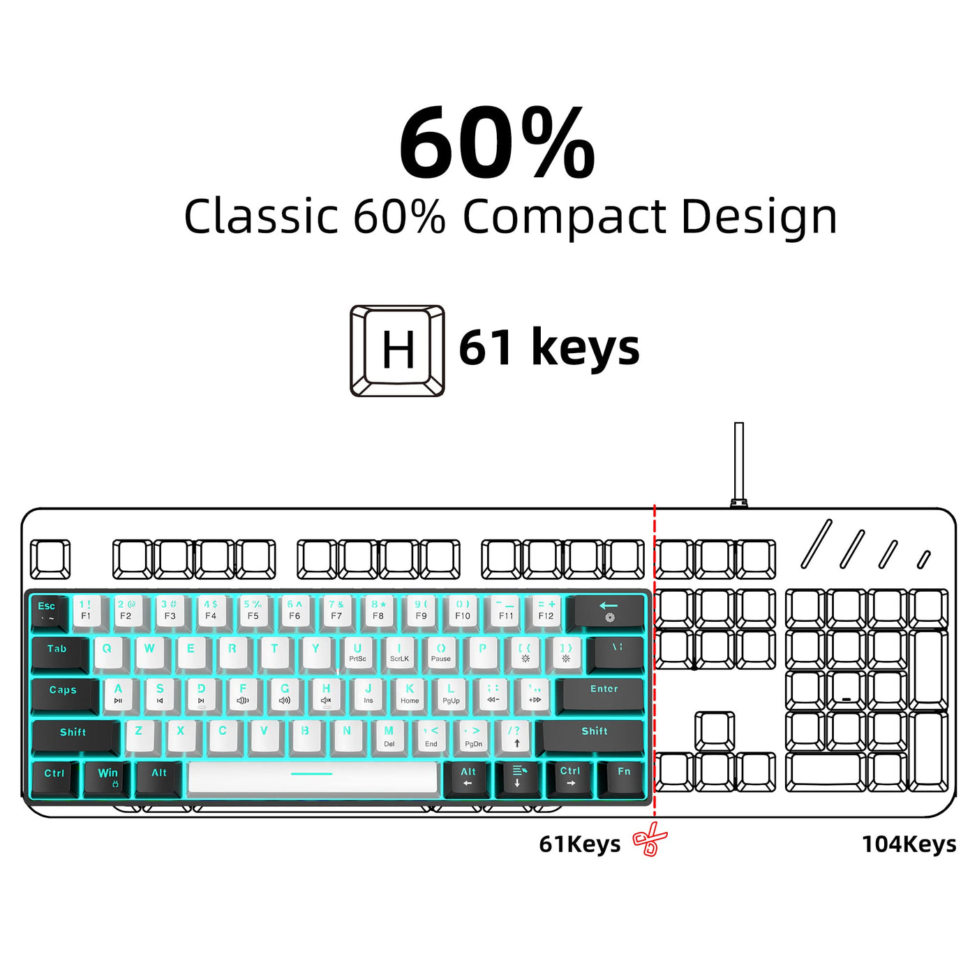 Snpurdiri 60% kabelgebundene mechanische Gaming-Tastatur, 61 Anti-Ghosting-Tasten, Blaue LED-Hintergrundbeleuchtung, ultrakompakte Zwei Ständer (Roter Schalter/Schwarz Weiß)