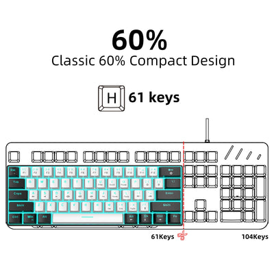 Snpurdiri 60% kabelgebundene mechanische Gaming-Tastatur, 61 Anti-Ghosting-Tasten, Blaue LED-Hintergrundbeleuchtung, ultrakompakte Zwei Ständer (Roter Schalter/Schwarz Weiß)