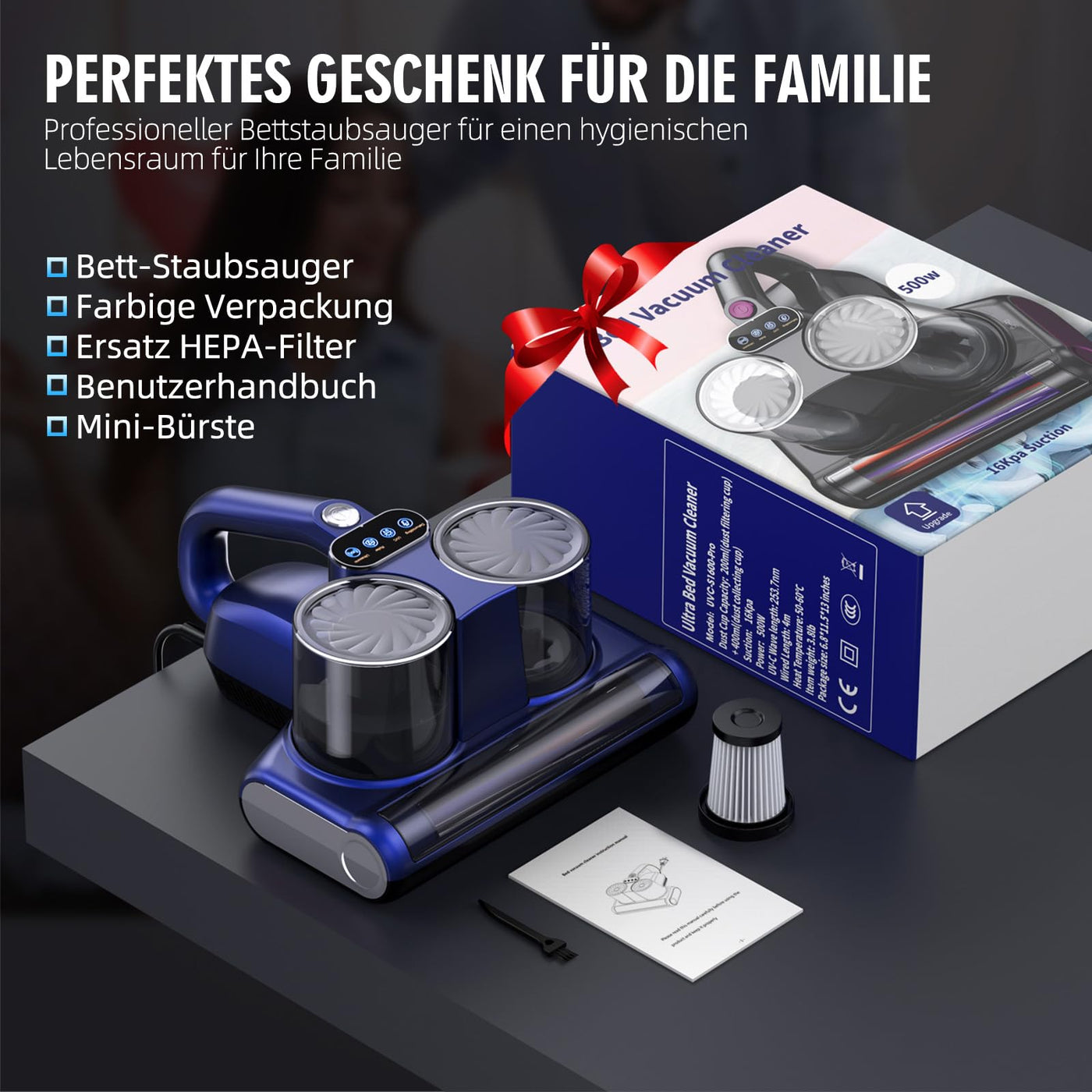 Milbensauger für Matratzen Milbenstaubsauger mit 253,7nm UV-Licht 16Kpa Absaugung Bürstenwalzenklopfen HEPA Filter Ultraschall Heißer Wind Funktion Bett-Staubsauger Verbreiterte Saugöffnung 500W Blau