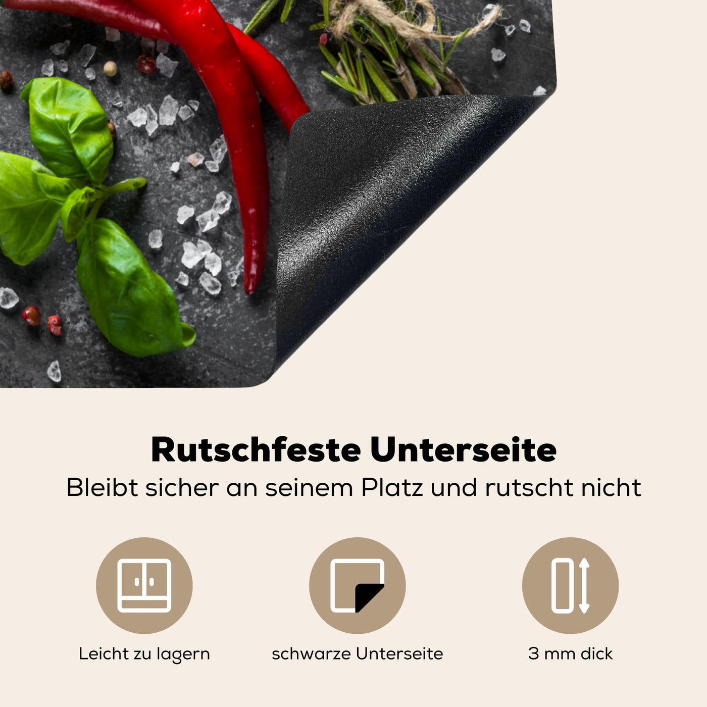 KitchenYeah© Herdabdeckplatte Einteilig Küche Ceranfeld Abdeckplatte Cerankochfeld Abdeckung Induktionskochfeld Schutzmatte Pfeffer - Kräuter - Gewürze - Beton - 60x52 cm