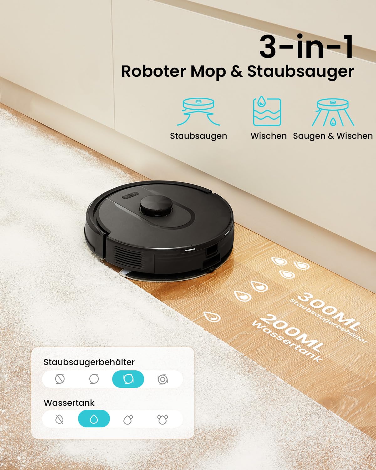 Vexilar W11 Staubsauger Roboter mit Wischfunktion, 3L Saugroboter mit Absaugstation, 6000Pa Saugkraft, 180Min Laufzeit, LiDAR Navigation, 15 No-Go Zonen, APP Steuerung, Ideal für Teppich und Tierhaare