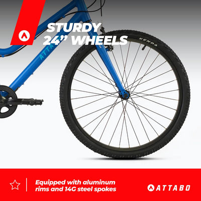 ATTABO Knack 24 – Kinderfahrrad (7–11 Jahre) mit leichtem Aluminiumrahmen (nur 10 kg), 24-Zoll-Rädern, Stahlgabel, für 120–145 cm Körpergröße, ergonomischer Lenker, ideal für Touren und Freizeit