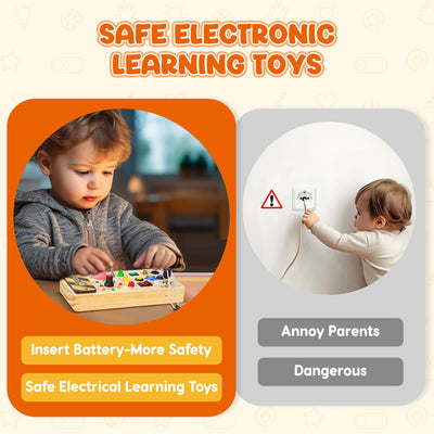 Montessori Busy Board Activity Board ab 1 Jahr Montessori Holzspielzeug mit 8 Schalter 15 LED Lichtschalterspielzeug Sensorisches Lernspielzeug für Kleinkinder Geschenk Jungen und Mädch ab 1 2 3 Jahr