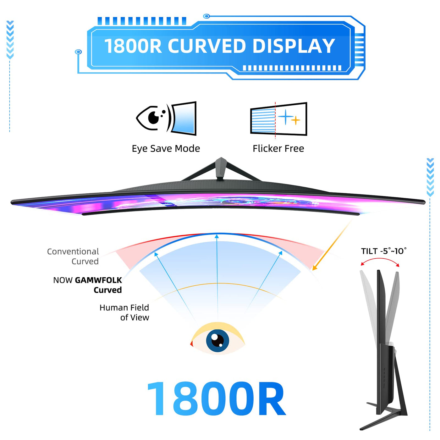Gawfolk 27 Zoll Curved Gaming Monitor 165Hz/ 180Hz, PC Bildschirm Full HD 1080P, Rahmenloses 1800R Computerbildschirm mit FreeSync und Eye Care Technologie, unterstützt VESA