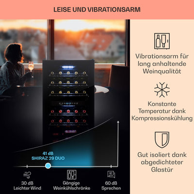 Klarstein Weinkühlschrank, 2 Zonen Getränkekühlschrank Klein, Freistehender Kleiner Weinschrank 80L, Wein-Kühlschrank mit Glastür, Indoor/Outdoor Flaschenkühlschrank, Wine Fridge 29 Flaschen