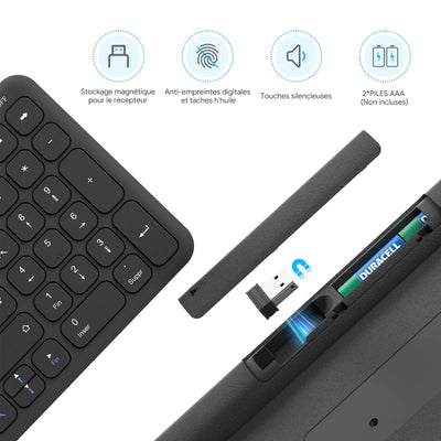 OMOTON Kabellose Tastatur, 2,4 GHz, AZERTY-Tastatur, leise, für Windows 10/8/7, PC, Computer, kabellose USB-Tastatur mit Ziffernblock, ultradünn, Schwarz