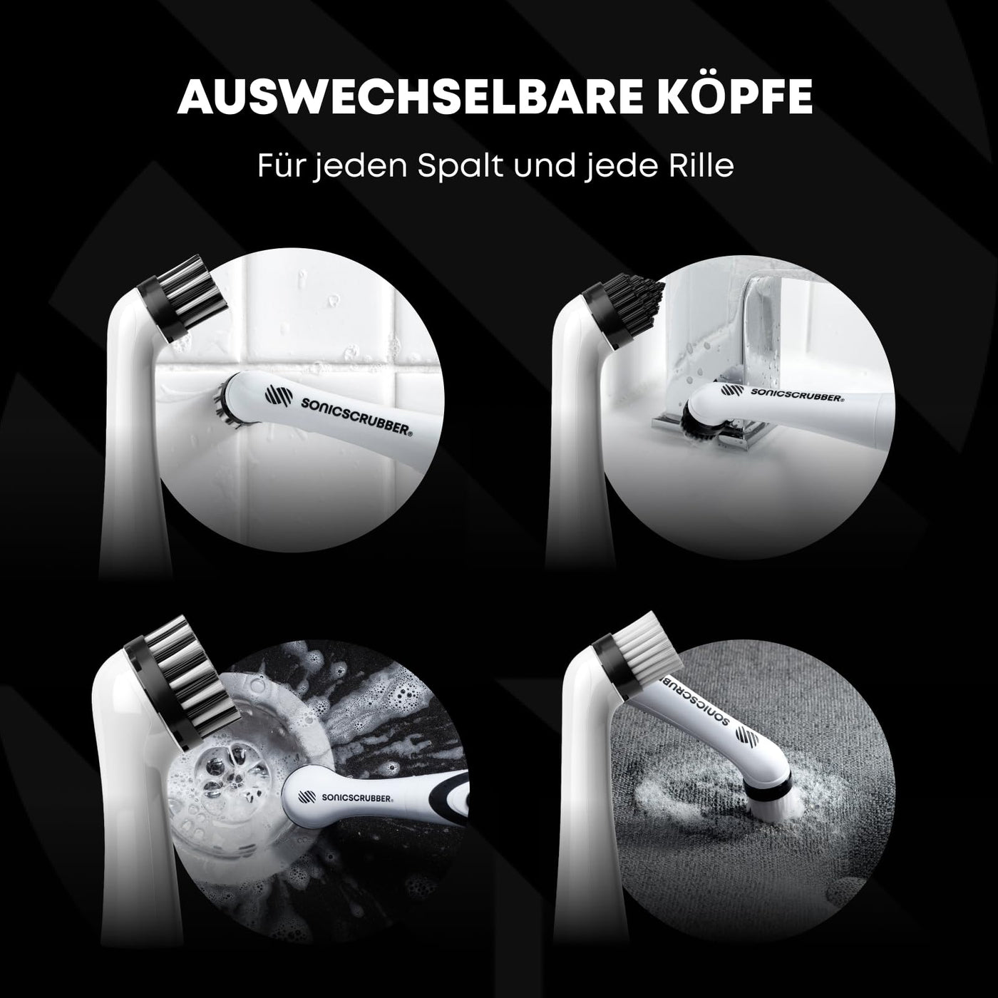 SonicScrubber - Elektrische Reinigungsbürste - Inklusive 4 Bürstenköpfe - Ideal für alle Räume und Oberflächen - AA-Batterien im Lieferumfang enthalten (Haushalt für Küche und Bad)