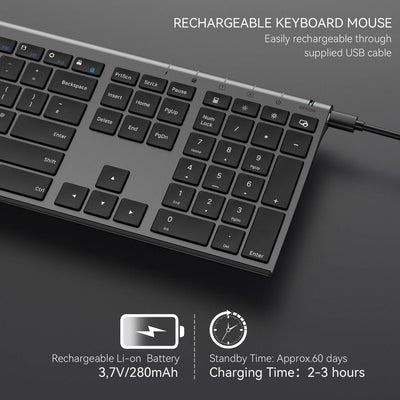 Seenda Wiederaufladbares kabelloses Tastatur- und Maus-Set, volle Größe, ultradünn, leise, USB-Tastatur und Maus, QWERTY-Layout für Windows-PC, Computer, Laptop, Grau