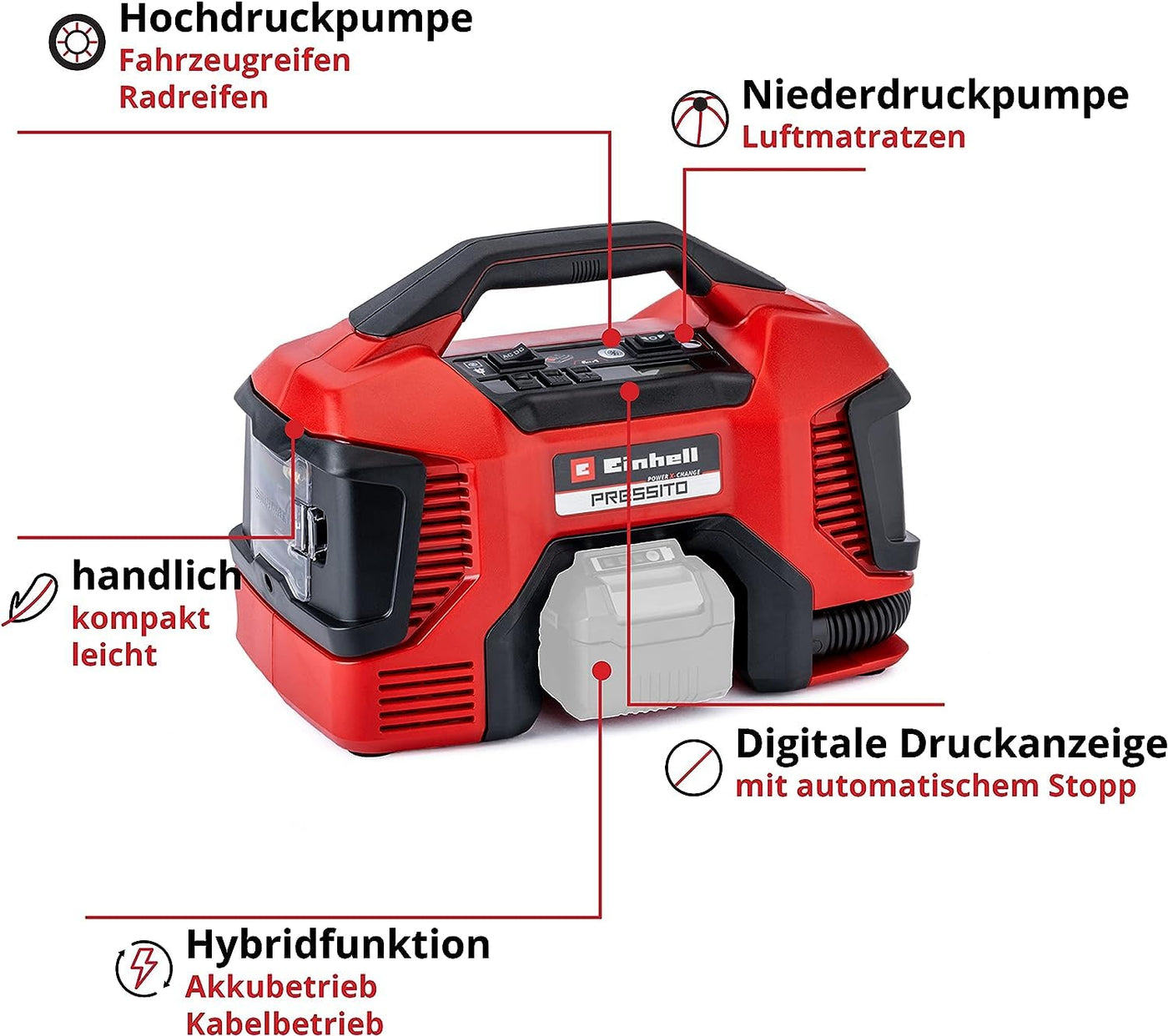 Einhell Hybrid-Kompressor PRESSITO Power X-Change (18 V, max. 11 bar, 31 cm Schlauchlänge, inkl. 3-tlg. Adapter-Set, ohne Akku)