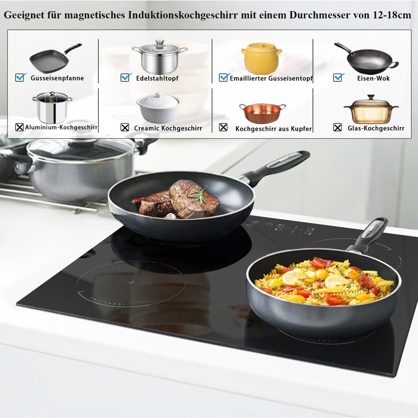 Induktionskochfeld mit Stecker 4 Zonen Einbau Kochfeld Induktion 60cm Induktionsplatte, 3500W, Touch-Bedienung, 9 Leistungsstufen, Kindersicherung, Timer