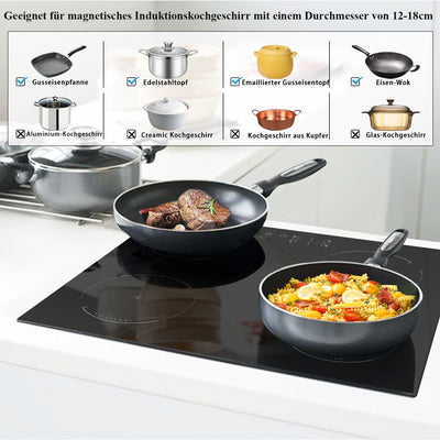 Induktionskochfeld mit Stecker 4 Zonen Einbau Kochfeld Induktion 60cm Induktionsplatte, 3500W, Touch-Bedienung, 9 Leistungsstufen, Kindersicherung, Timer