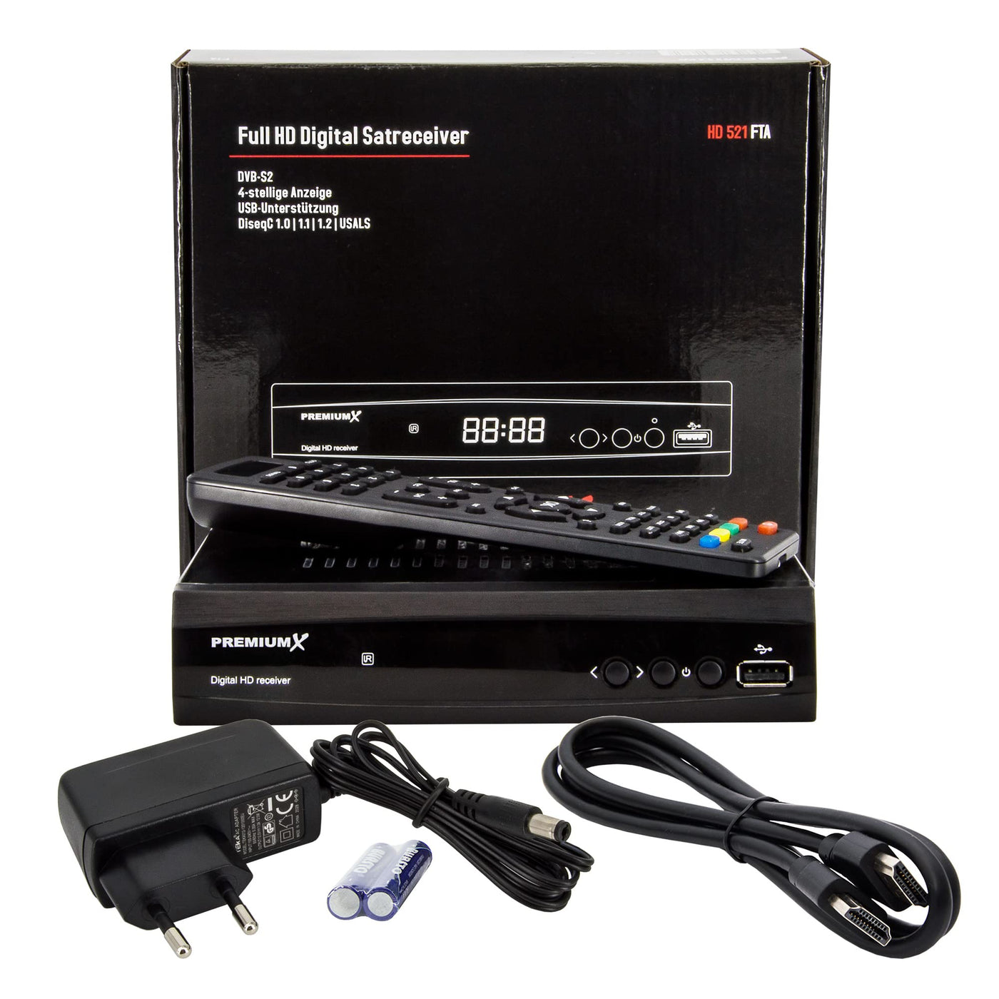 PremiumX Satelliten-Receiver HD 521 FTA Digital SAT TV-Receiver DVB-S2 FullHD HDMI SCART 2X USB Multimedia-Player, 12V Externe Netzteil