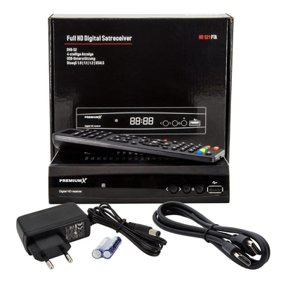 PremiumX Satelliten-Receiver HD 521 FTA Digital SAT TV-Receiver DVB-S2 FullHD HDMI SCART 2X USB Multimedia-Player, 12V Externe Netzteil