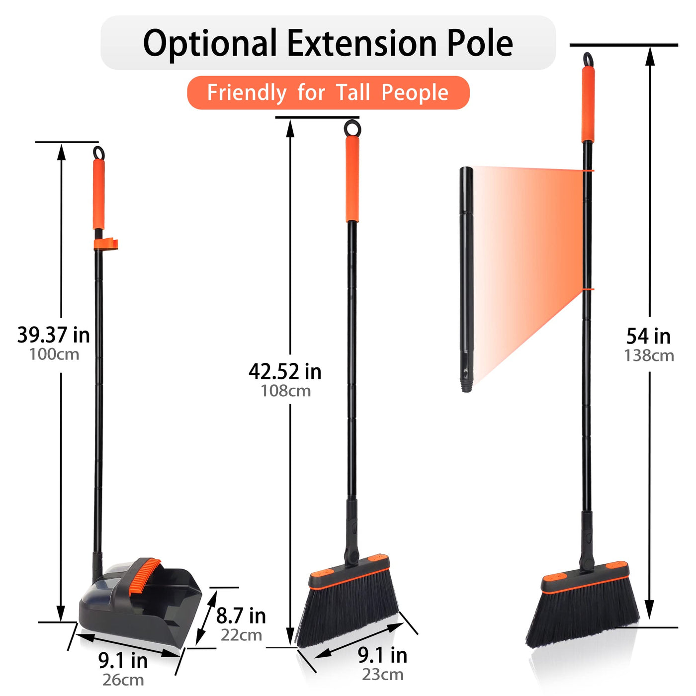 JEHONN Besen und Kehrschaufelset Set mit Langem Griff, 180 Grad Drehbar Kehrmaschine und Kehrschaufel Combo für Haus, Büro, Lobbykehr