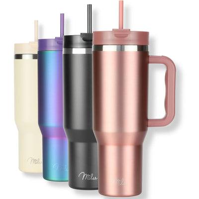 Milu Thermobecher 1,2L mit Strohhalm und Henkel – 48h Eis/24h kalt/12h heiß Edelstahl Tumbler 40oz mit Griff - Isolierbecher to go - Isolierflasche Trinkflasche doppelwandig isoliert (Rose Gold, 1,2L)