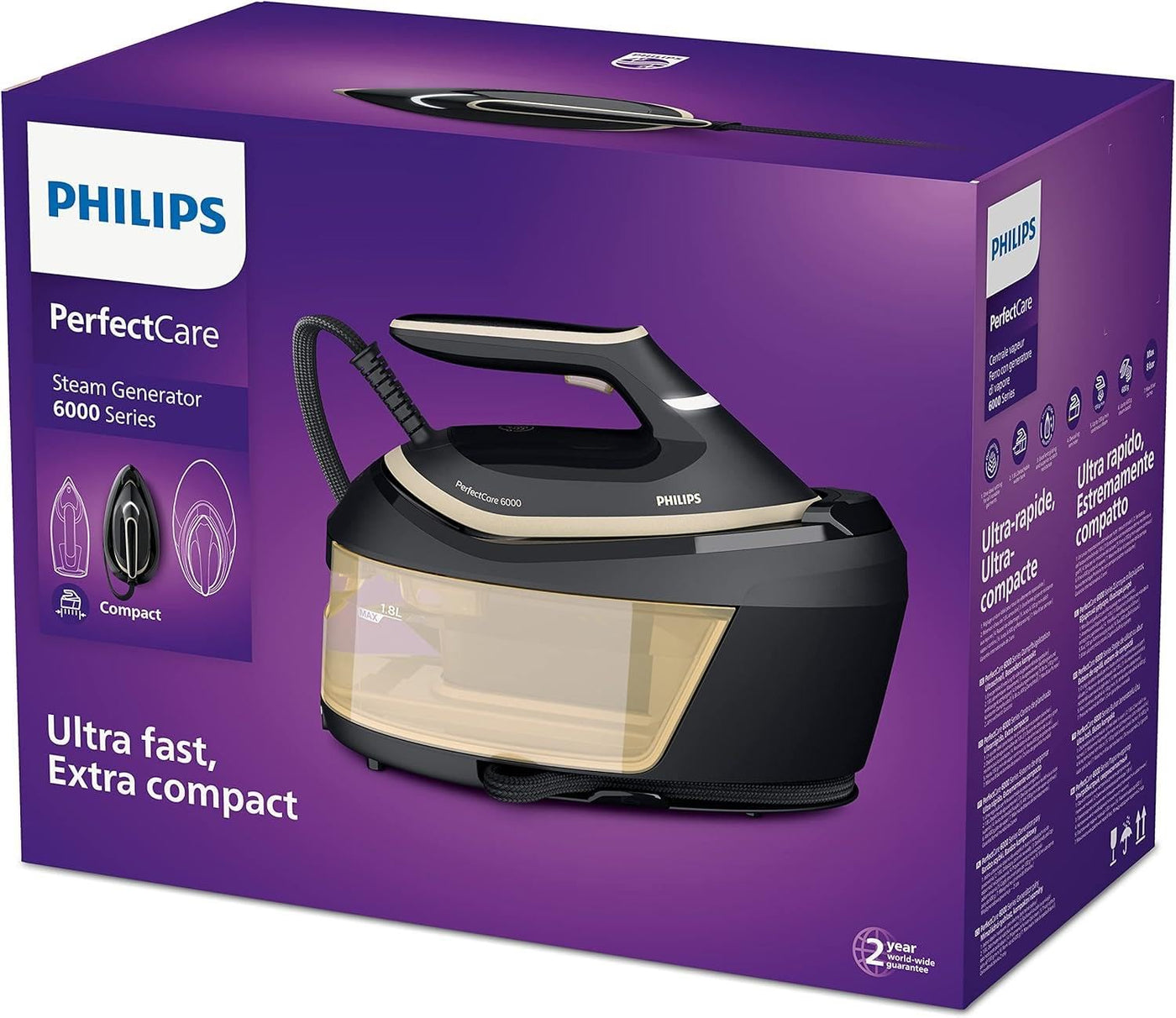 Philips PerfectCare 6000 Dampfbügelstation - 2400 Watt, 600 g Dampfstoß, 8 Bar, OptimalTEMP-Technologie, 1,8 l Wassertank, Schwarz/Gold (PSG6064/80)
