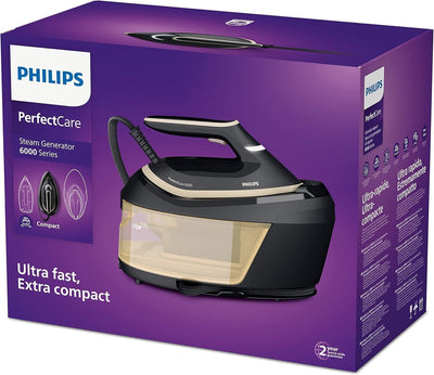 Philips PerfectCare 6000 Dampfbügelstation - 2400 Watt, 600 g Dampfstoß, 8 Bar, OptimalTEMP-Technologie, 1,8 l Wassertank, Schwarz/Gold (PSG6064/80)