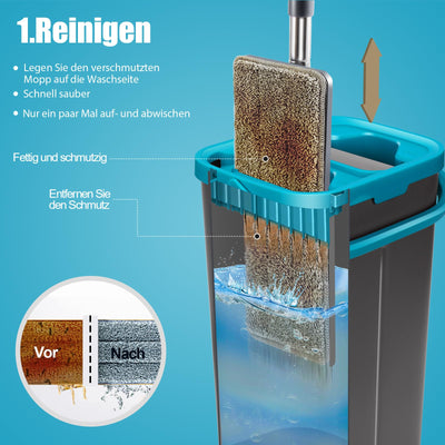 MASTERTOP Wischmopp Set mit Eimer, Bodenwischer Set mit 6 Mikrofaser Wischpads und Edelstahlgriff, 2 in 1 Putzeimer mit Wischmop, Wischer mit Auswringfunktionfür Alle Bodentypen, Grau+Blau