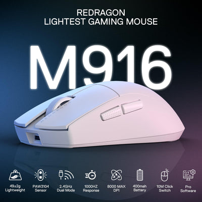 Redragon M916 Kabellose Gaming Maus, 49G Ultra-Light 8K DPI 2.4G Kabellose Gaming-Maus mit ergonomischem Griff, voll programmierbare Tasten, Software unterstützt DIY Keybinds & DPI, Weiß