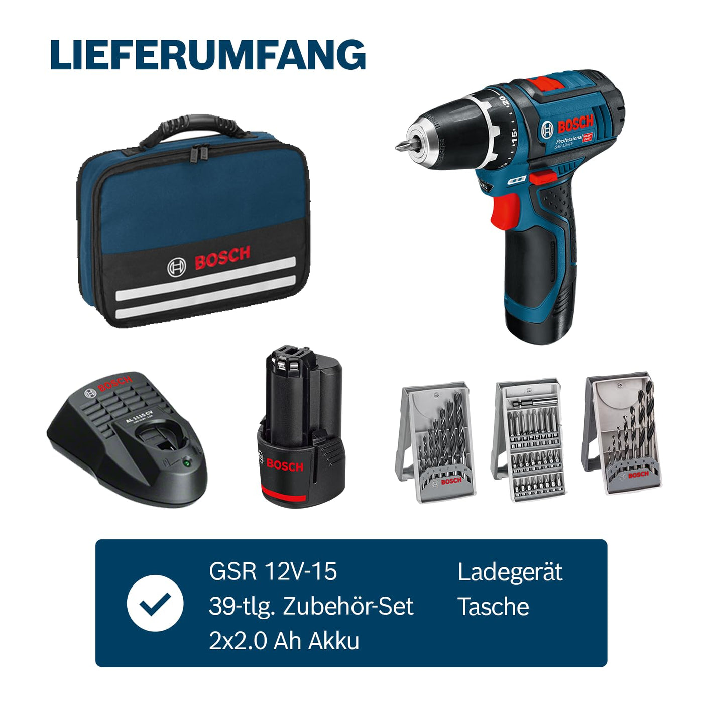 Bosch Professional 12V System Akku Bohrschrauber GSR 12V-15 (inkl. 2x GBA 2.0Ah, Ladegerät, 39tlg.-Zubehör-Set, Werkzeugtasche) - Amazon Exclusive