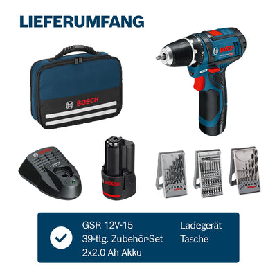 Bosch Professional 12V System Akku Bohrschrauber GSR 12V-15 (inkl. 2x GBA 2.0Ah, Ladegerät, 39tlg.-Zubehör-Set, Werkzeugtasche) - Amazon Exclusive