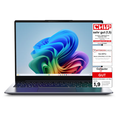 MEDION SPRCHRGD 14 S1 Elite 35,56 cm (14" Zoll 120Hz 2.8K WQXGA+) Laptop (Copilot+ PC, Qualcomm Snapdragon X Elite, 32GB DDR5 RAM, 1TB SSD, Win 11 Home)