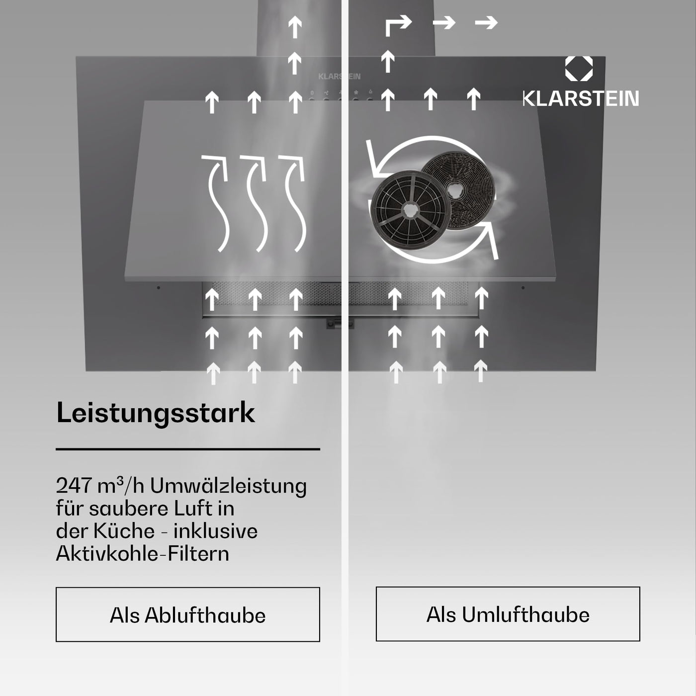 Klarstein Dunstabzugshaube 60cm, Abluft/Umluft Dunstabzugshaube mit Spülmaschinenfestem Filter, Energieeffizienz A++, LED-Beleuchtung, Leise Abzugshaube mit 305m³/h Luftstrom, Effiziente Wandhauben