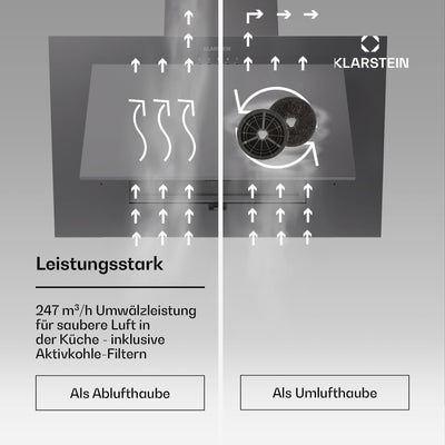 Klarstein Dunstabzugshaube 60cm, Abluft/Umluft Dunstabzugshaube mit Spülmaschinenfestem Filter, Energieeffizienz A++, LED-Beleuchtung, Leise Abzugshaube mit 305m³/h Luftstrom, Effiziente Wandhauben