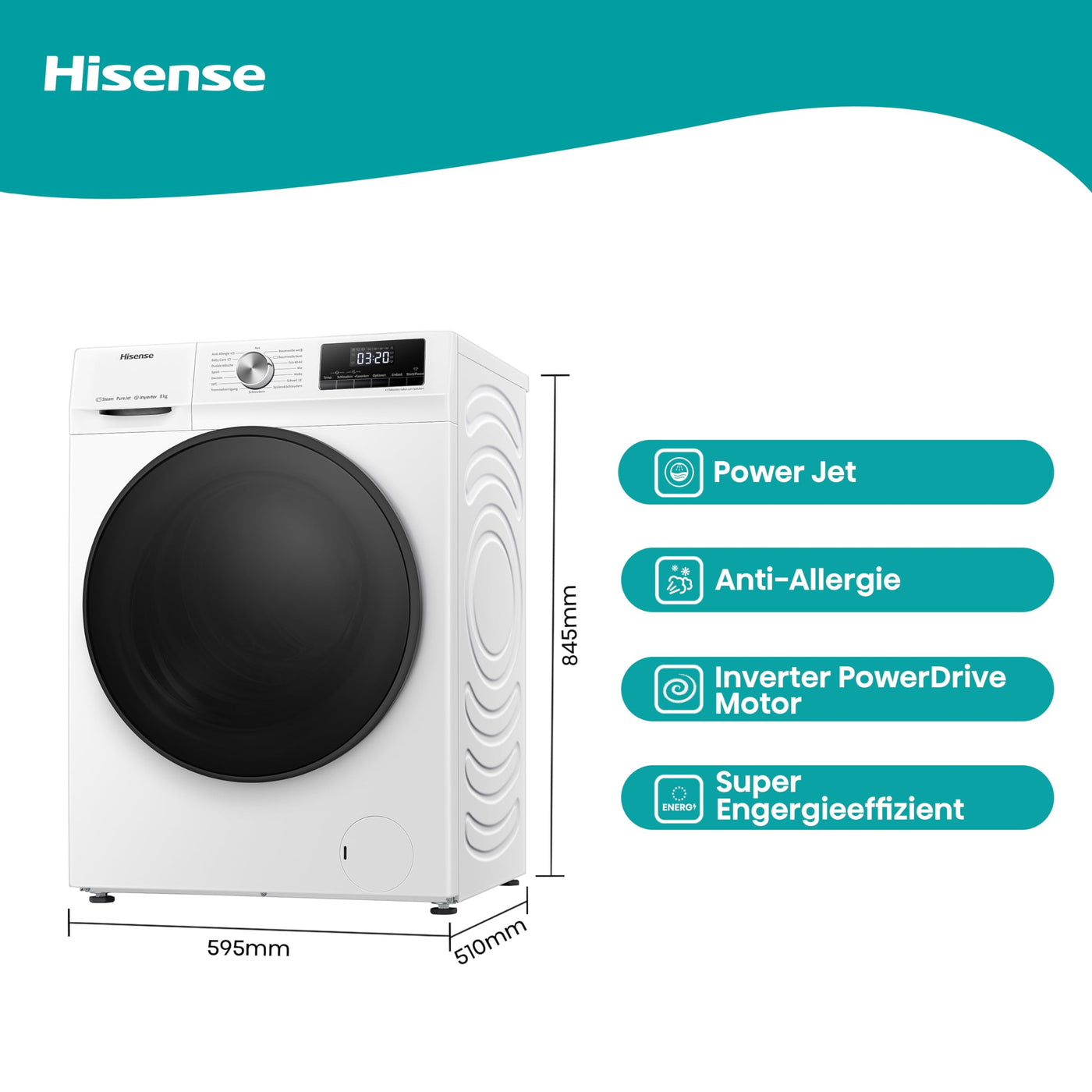 Hisense WFQA8014EVJM Waschmaschine mit Dampffunktion/ 8 kg/AquaStop/ 1400 U/min /15 Programme/Inverter PowerDrive Motor/Edelstahltrommel/Kindersicherung/Trommelreinigung/Weiß