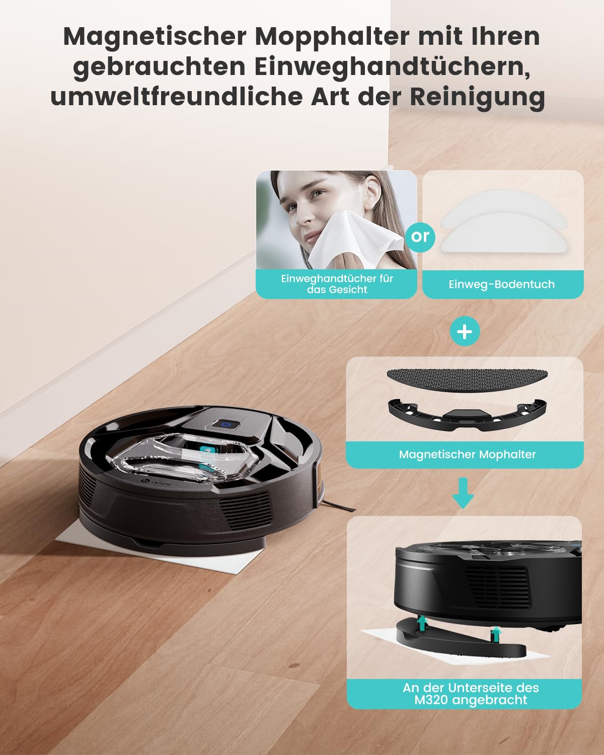 LEFANT M320 Saugroboter mit Wischfunktion 3 in 1, 6.000Pa Staubsauger Roboter mit Präzise-Entfernungs-Navigation, Sichtbar 800ML Staubbehälter, 210Mins, WLAN/App, Ideal für Tierhaare, Teppiche