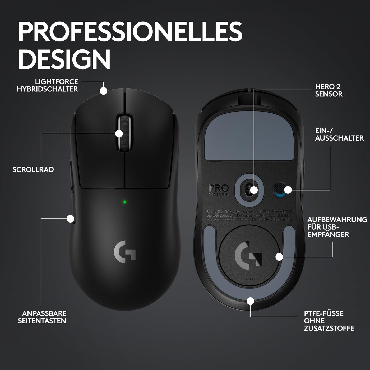 Logitech G PRO X SUPERLIGHT 2 LIGHTSPEED Kabellose Gaming-Maus, Lightweight, 60g, 8K-Abrufrate, LIGHTFORCE Hybrid-Schalter, HERO 2 Sensor, 44K DPI, 5 programmierbare Tasten, USB-C, PC/Mac - Schwarz