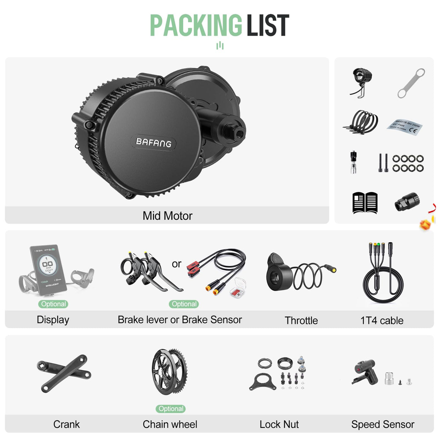 BAFANG Mittelmotor 36V 250W BBS01B Ebike Umbausatz Elektrofahrrad Kit mit Optionales Ebike Display,Elektrofahrrad Umbausatz Motor für BB68mm, DZ40 Anzeige