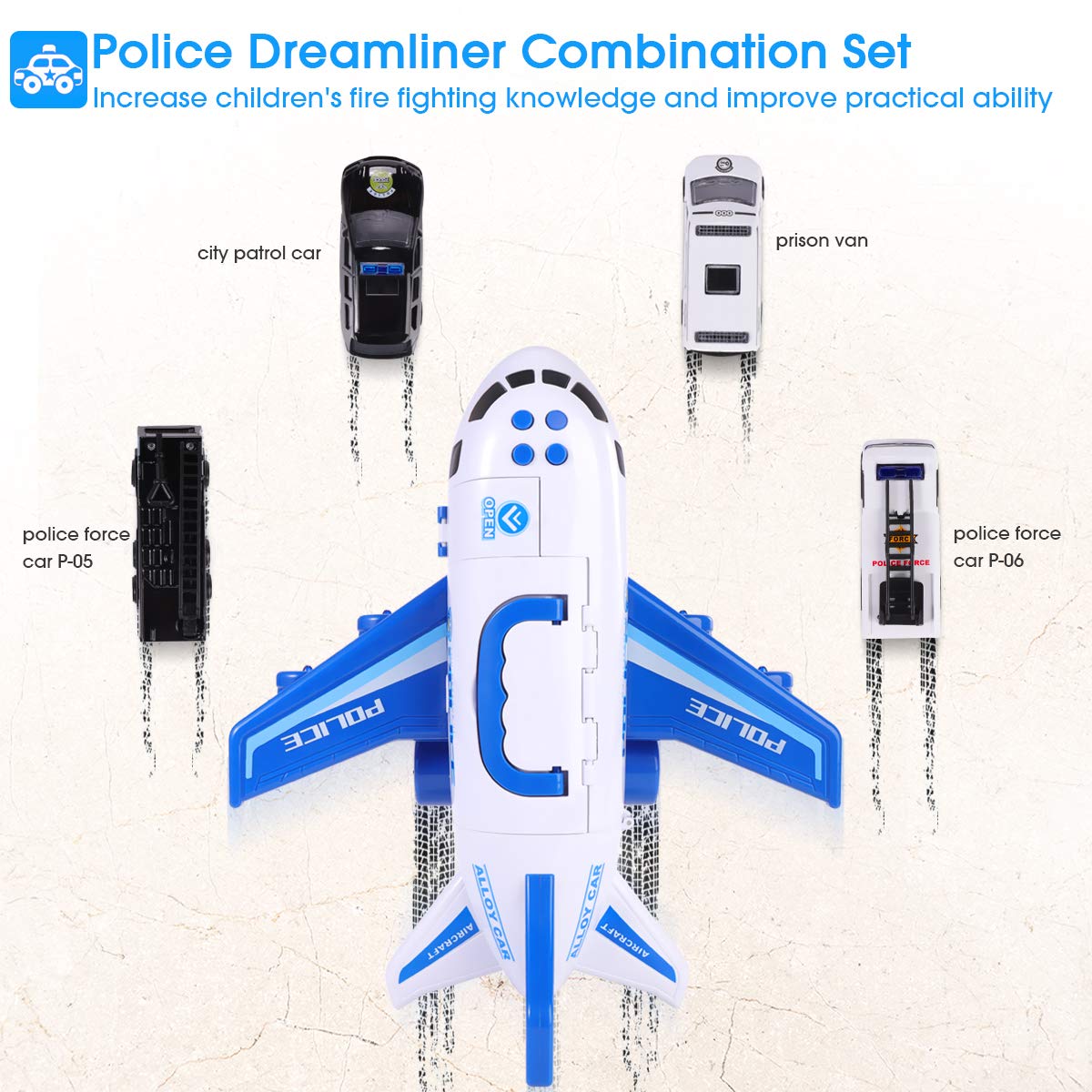 SHANNA Flugzeug Spielset Mit Trägheitsrad und Fahrzeugen - Lernspielzeug Set Mit 1 Großem Flugzeug, 4 Legiertes Auto für Kleinkinder Über 3 Jahre (Polizeiauto-Blau)