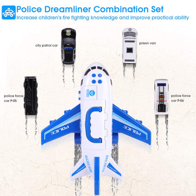 SHANNA Flugzeug Spielset Mit Trägheitsrad und Fahrzeugen - Lernspielzeug Set Mit 1 Großem Flugzeug, 4 Legiertes Auto für Kleinkinder Über 3 Jahre (Polizeiauto-Blau)