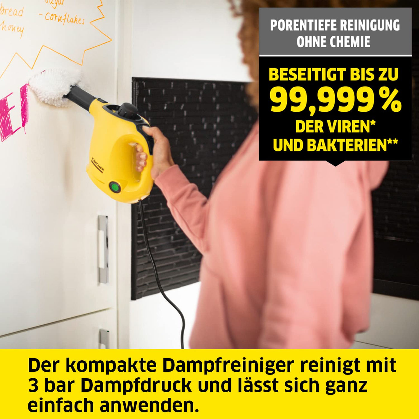 Kärcher Dampfreiniger SC 1, Dampfdruck: 3 bar, Aufheizzeit: 3 min., Leistung: 1.200 W, Flächenleistung: 20 m², Tank: 200 ml, mit Hand-, Punktstrahl- und Powerdüse, Mikrofaser-Überzug und Rundbürste