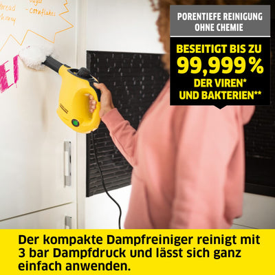 Kärcher Dampfreiniger SC 1, Dampfdruck: 3 bar, Aufheizzeit: 3 min., Leistung: 1.200 W, Flächenleistung: 20 m², Tank: 200 ml, mit Hand-, Punktstrahl- und Powerdüse, Mikrofaser-Überzug und Rundbürste