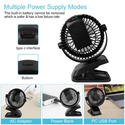 Mini USB Ventilator, Telgoner Leise Clip Tischventilator mit Wiederaufladbare Batterie, 3 Geschwindigkeitsstufen, 360 Drehbare Einstellbare Geschwindigkeiten für Schlafzimmer Büro Kinderwagen Camping