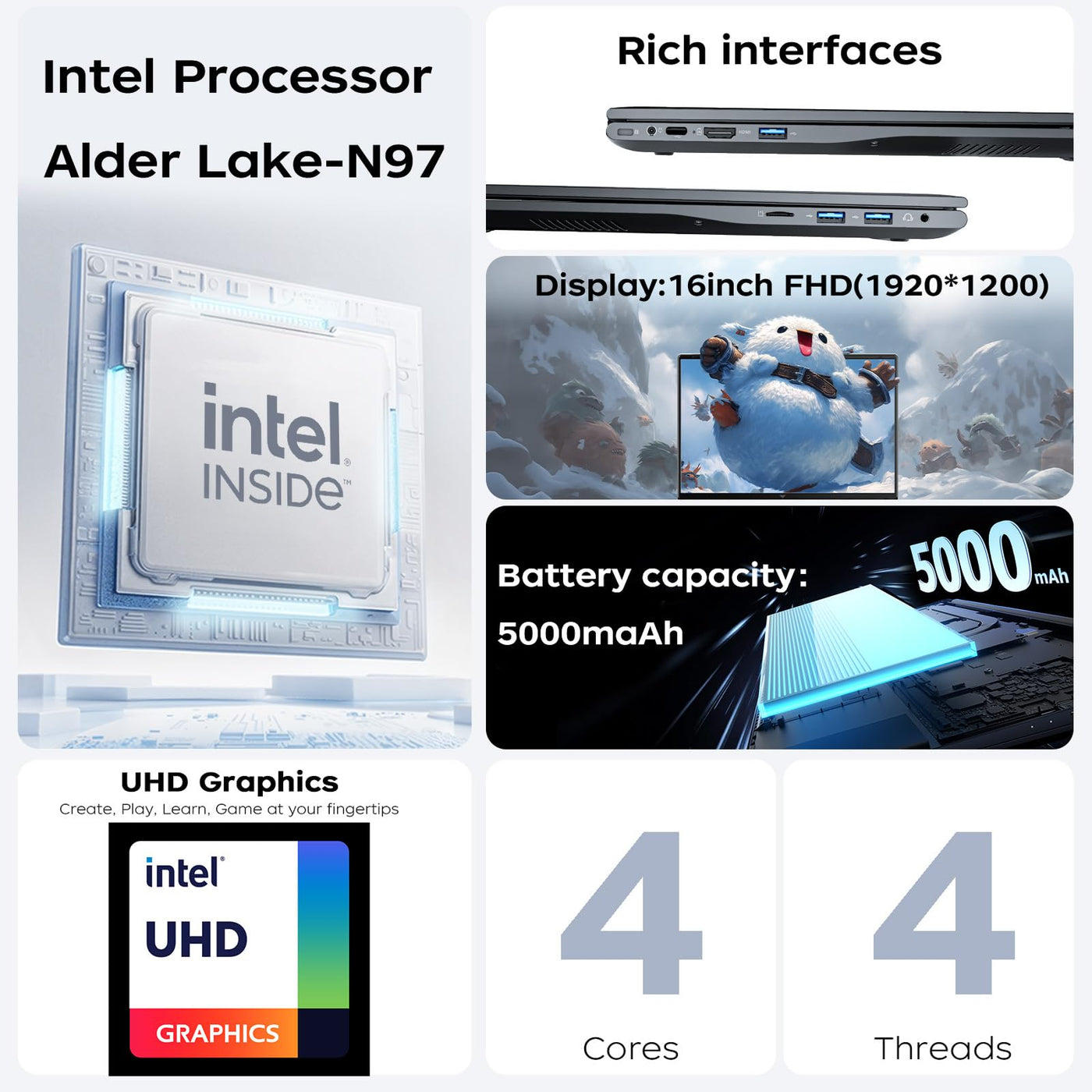 ACEMAGIC Laptop Computer 16 Zoll - Quad-Core Alder Lake N-97 Prozessor bis zu 3.6GHz (Beat N5095) Notebook Computer, 16GB Ram DDR4 512GB SSD PC Laptops mit FHD Display, 2.4G/5G WiFi, BT5.0, HDMI