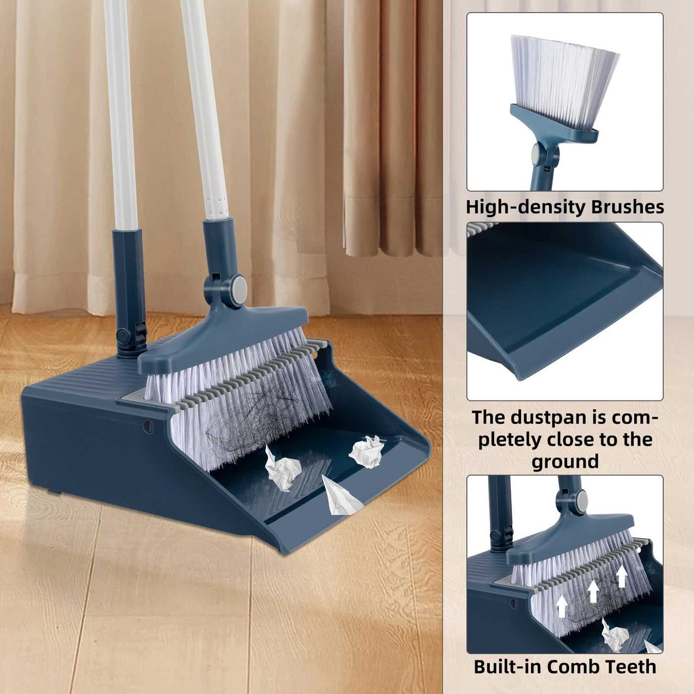 SDARISB Besen und Kehrschaufel Set mit 127cm Langem Griff Aufrechter Schaufel und Besen Set 180 Grad Drehbar Kehrmaschine und Kehrschaufel Combo für Haus Küche Büro Lobby Terrasse