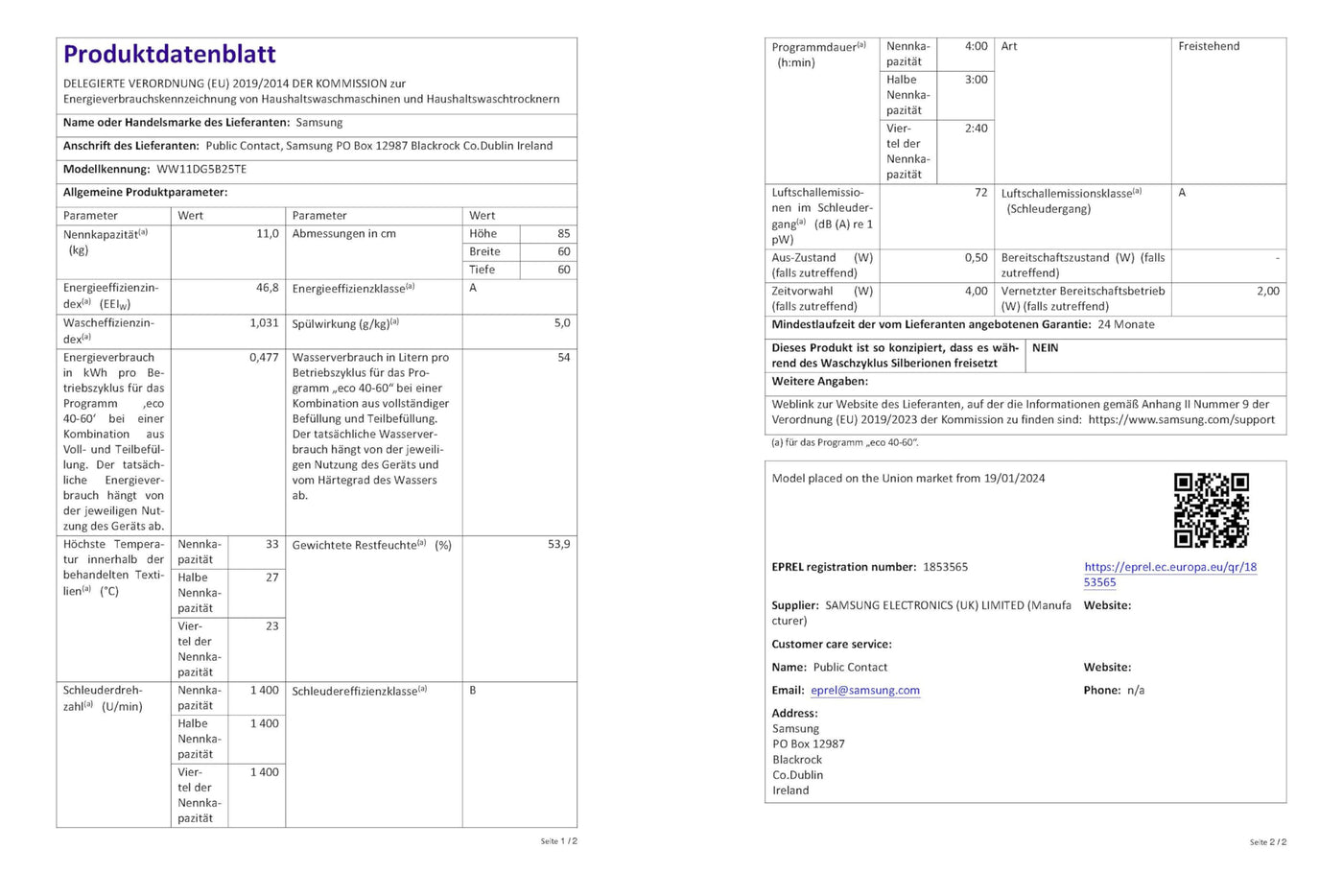Samsung WW11DG5B25TEEG Waschmaschine, 11 kg, 1.400 U/min, Extra energiesparend, EEK: A (-10%), AI Ecobubble, SmartThings AI Energy Mode, SuperSpeed 39 Min, Hygiene-Dampfprogramm, Weiß