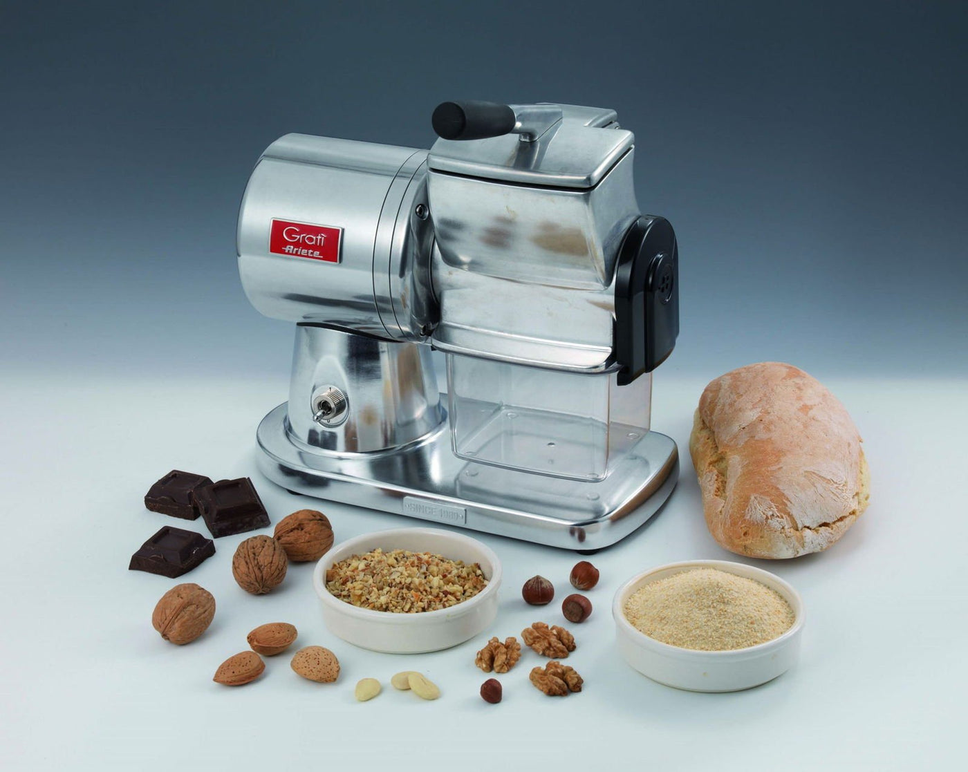 Ariete Gratì Superior 449, Professionelle Elektrische Käsereibe aus Aluminiumdruckguss für Käse, Brot, Schokolade, Trockenfrüchte, Induktionsmotor, Einfach zu Reinigen, 350W, Silber Poliert