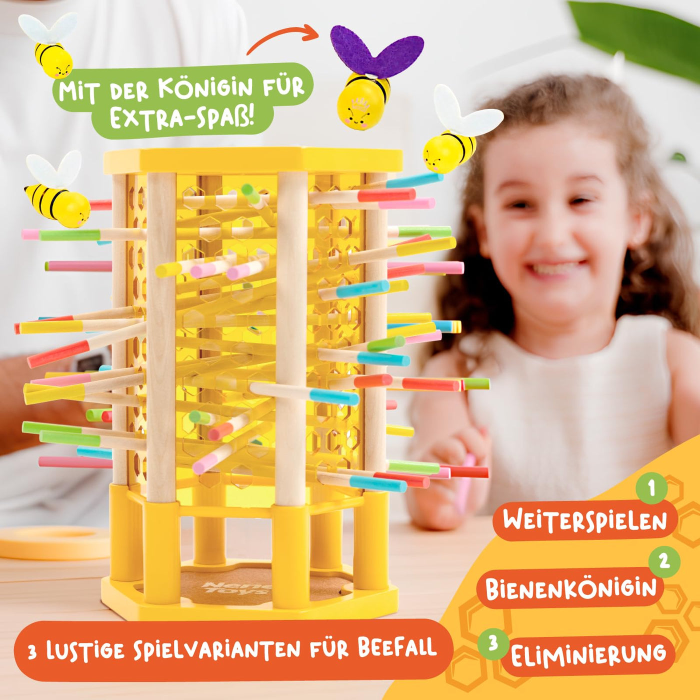Nene Toys BEEFALL Groß, 4-in-1 Lernspiel mit Bienen, Montessori Spielzeug ab 3 Jahren mit bunten Stäben, Würfeln & Karten - Holzspiel für Jungen & Mädchen 3-9 Jahre - Pädagogisches Familienspiel